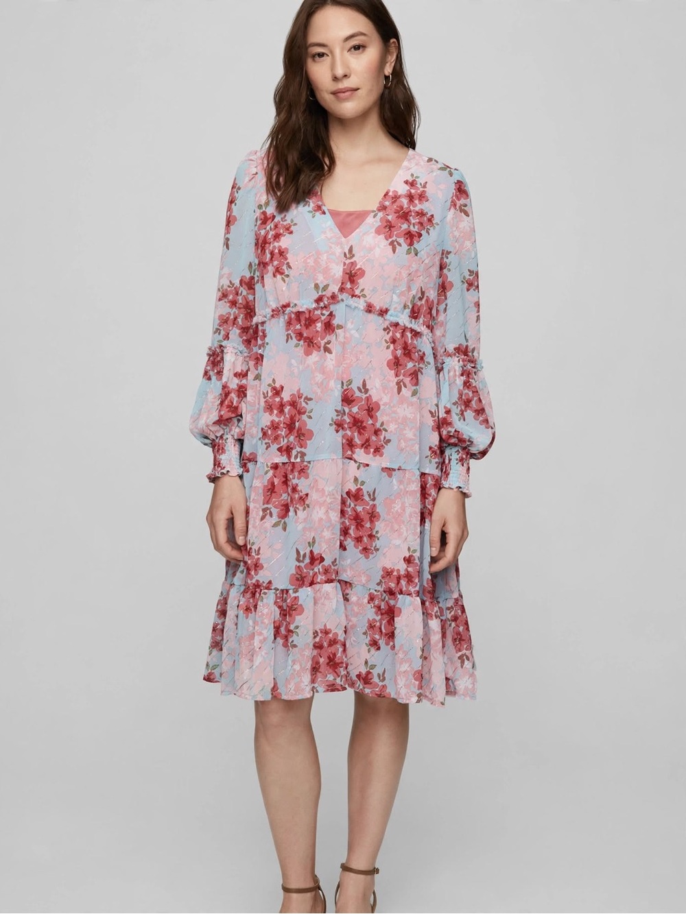 Umgee Floral Tiered V-Neck Long Sleeve Dress in Pink and Blue